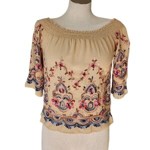 Hummingbird Anthropologie Off The Shoulder Embroidered Tan Women's Top Size M
